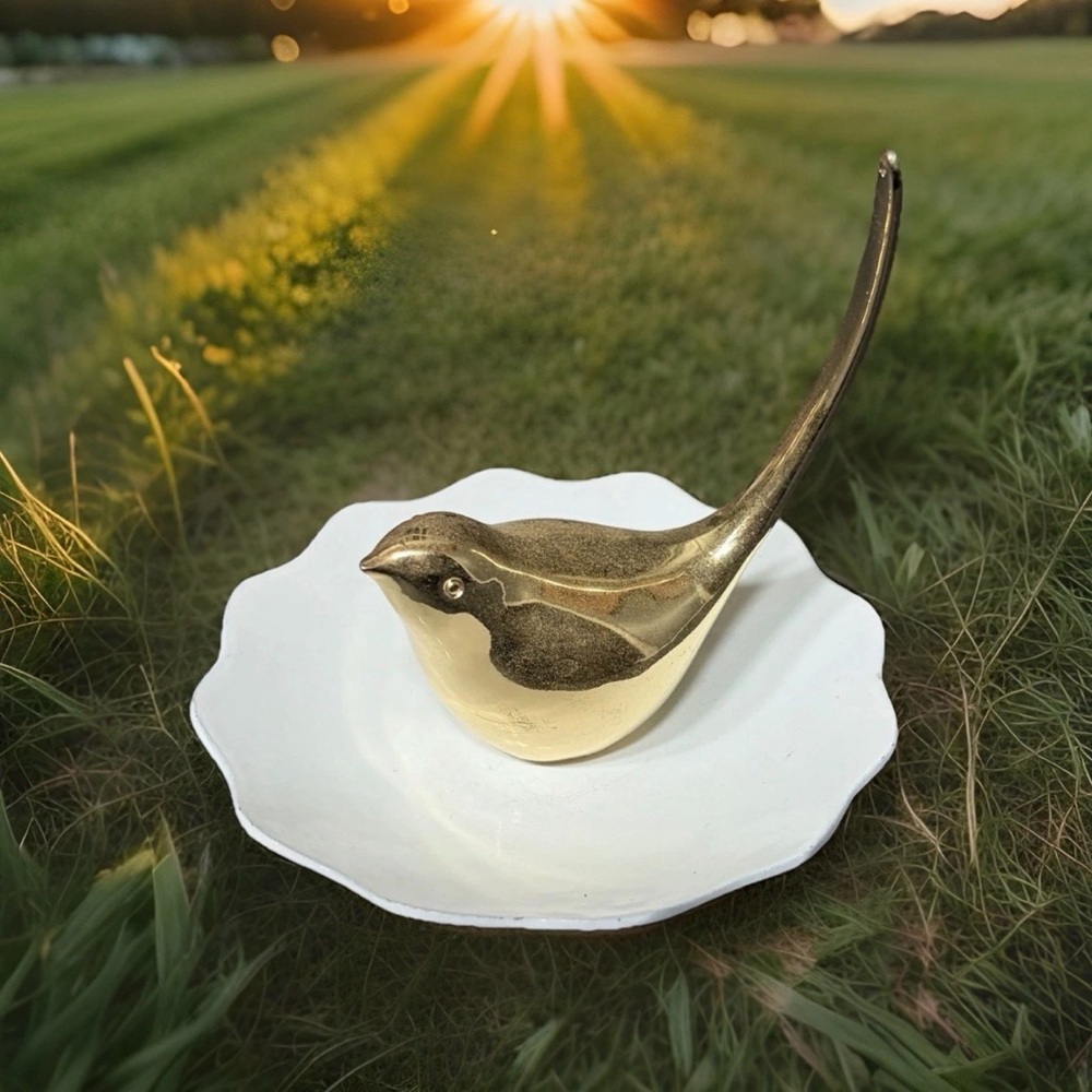 Gold Bird Ring Holder Scalloped White Ceramic Jewelry Trinket Dish 3 inch